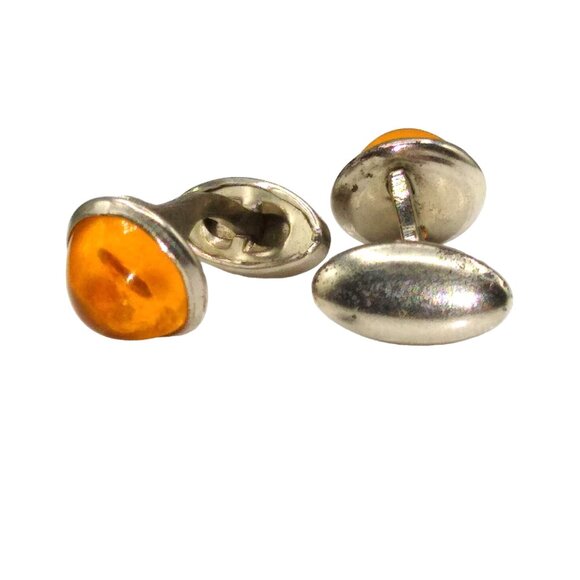 Antique Cufflinks Amber Lucite on Silver Tone, Bean Back with High Resin Dome - Picture 3 of 3